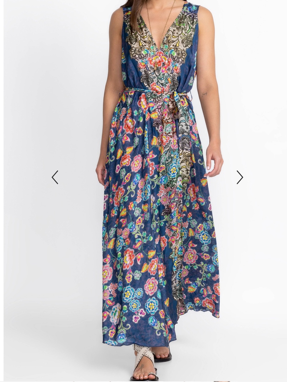 Johnny Was silk blue Floral Maxi Dress with Pink & Teal Accents SZ S